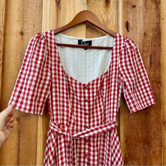 Red Gingham Plaid Button-Up Short-sleeve Midi Dress 🌿 - Picture 3 of 12